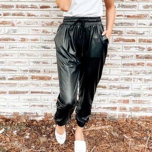 Black leather joggers